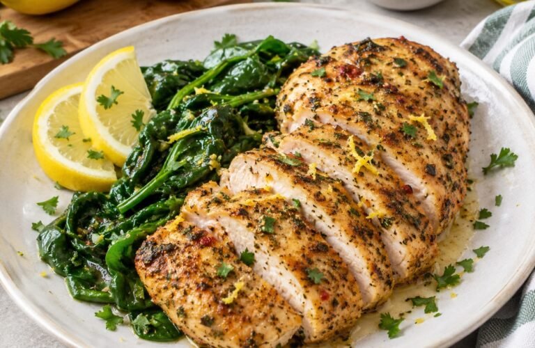 Air Fryer Italian Herb Chicken with Spinach & Lemon